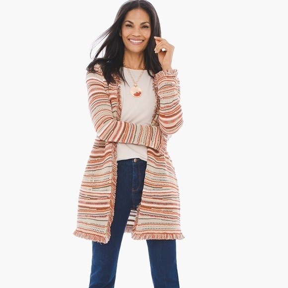 Chicos Textured Zigzag Open Front Longline Cardigan Fringe Metallic Detail XL - Picture 1 of 16